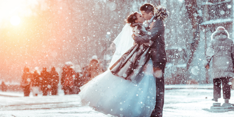 свадьба, жених, невеста, зима, поцелуй